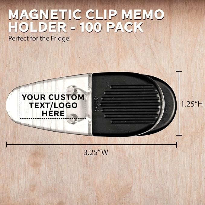 100 Magnetic Memo Holders Set - Customizable Text, Logo - Large Clip, Plastic - Clear