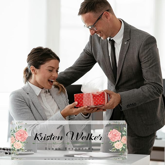 SalaGraphics Desk Name Plate Personalized, Custom for Desk, Office Decor Women Men, Acrylic Accessories, Gifts Coworkers Boss Teacher, Employee Appreciation (Flowers C),8''(L)x2.5(W)