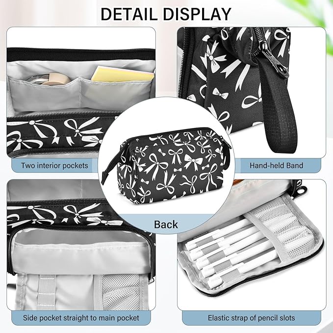 Bow Black Pencil Case Pouch Big Capacity Pencil Bag Box Organizer Pen Case with Compartmens Stationery Organizer for Girls Boys Women School College Office