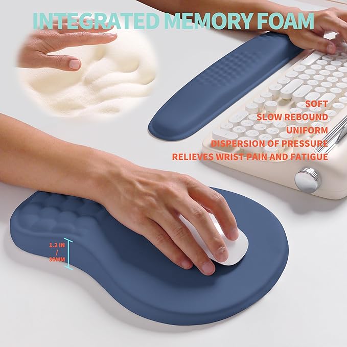2-in-1 Ergonomic Set, Wave Rise Keyboard Wrist Rest and Massage Bulge Slope Mouse Pad Wrist Support, Cushion Memory Foam Integrated to Relieve Wrist Pain, Dark Blue