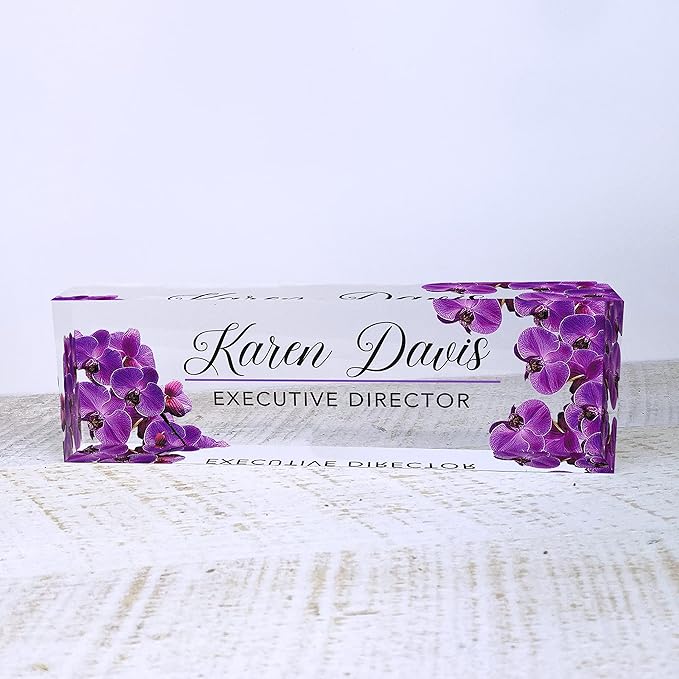 Artblox Office Desk Name Plate Personalized | Custom Name Plates for Desks | Purple Orchid Design On Clear Acrylic Glass | Office Desk Decor - (8" x 2.5")