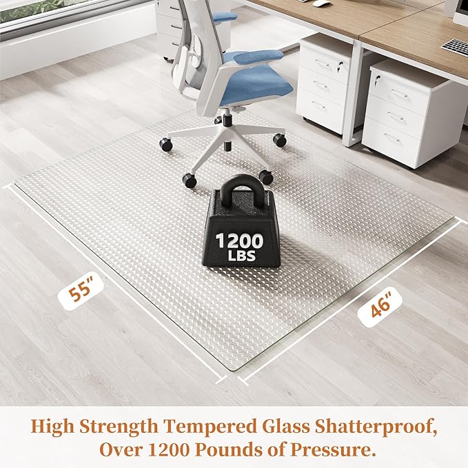 Koonmi Wave Glass Chair Mat 46"x55", Tempered Glass Office Chair Mat, Embossed Wave Texture Chair Mats with Rounded and Polished Edges for Hardwood Floor, Carpet, Support 1200LBS