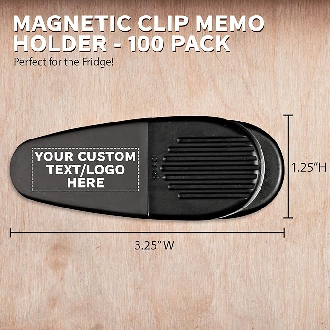 100 Magnetic Memo Holders Set - Customizable Text, Logo - Large Clip, Plastic - Black
