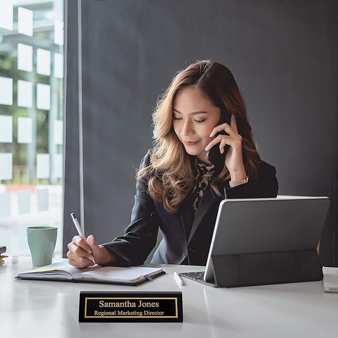 Providence Engraving Personalized Wood Desk Name Plate for Office with Custom Laser Engraved Piano Finish Desk Wedge in Black, 2X8
