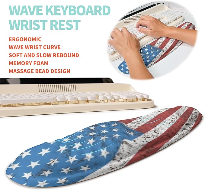 2-in-1 Ergonomic Set, Wave Rise Keyboard Wrist Rest and Massage Bulge Slope Mouse Pad Wrist Support, Cushion Memory Foam Integrated to Relieve Wrist Pain, American Flag