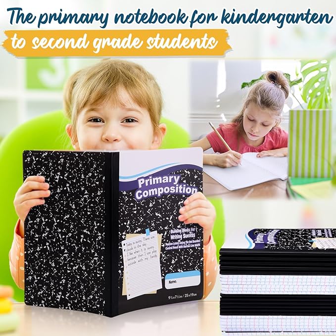 Watersay 30 Pack Primary Ruled Composition Notebook, Grade K-2 Journal 50 Sheets, 7-1/2" x 9-3/4" Primary Composition Book Writing Notebook for Kids Kindergarten Preschool 1st 2nd Grad (Black)