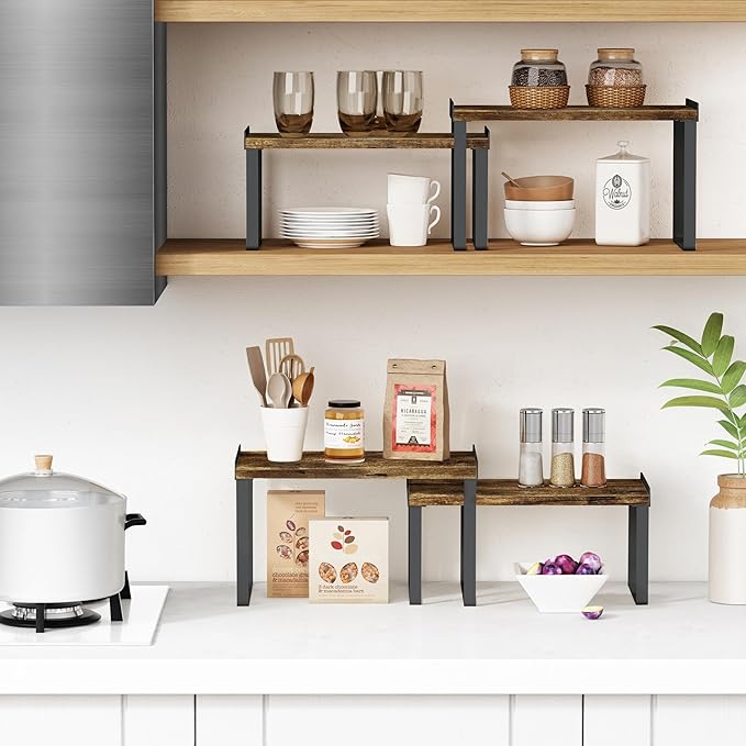 Kitchen Cabinet Organizers and Storage Shelves, Rustic Farmhouse Desk Shelf Riser for Cabinets, Black Expandable Corner Glasses Medicine Cabinet Organizer under Bathroom Sink - Set of 4