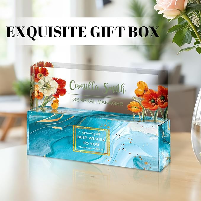 Personalized Name Plate for Desk, Custom Acrylic Desk Name Sign, Office Appreciation Gifts for Women Men Coworkers Boss Teacher Employee (Flower-Floral)