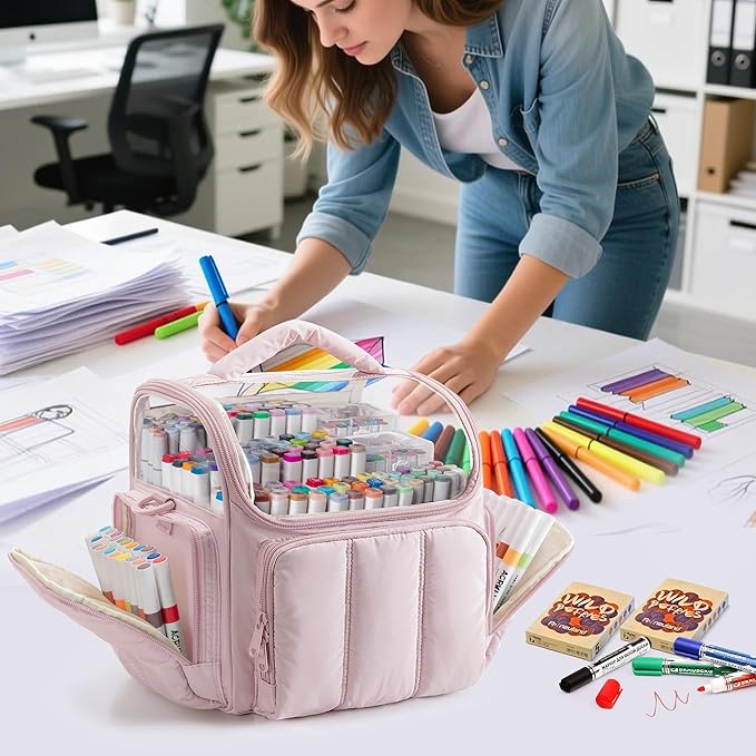 Puffy Marker Organizer Case for 210 Markers, Large Marker Storage Bag with Shoulder Strap for Adults, Artists, Teachers, Coloring Enthusiasts, Marker Holder Organizer, Pink (Patented Design)