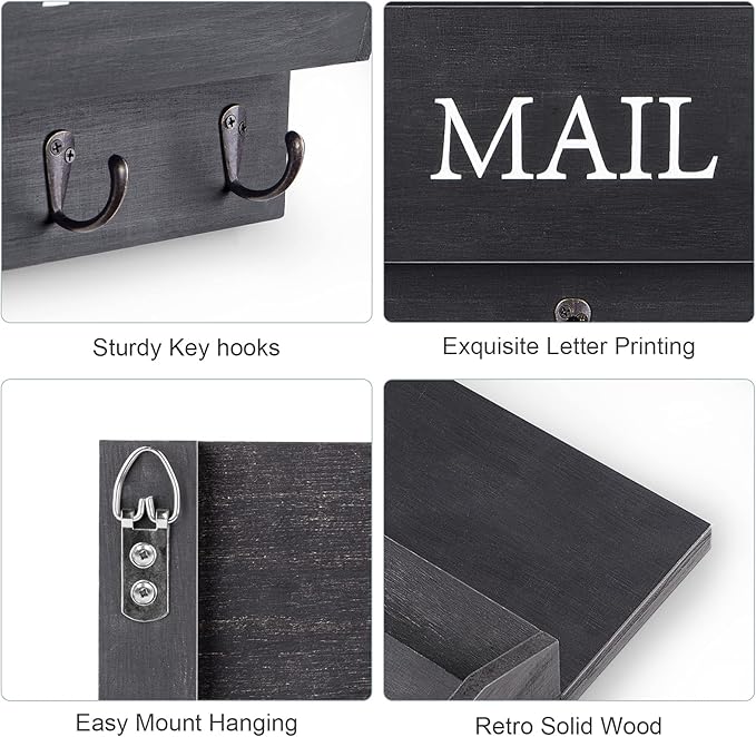 DLQuarts Mail Organizer with Key Holder for Wall, Mail Sorter Wall Mounted, Decorative Wooden Key and Mail Holder with 3 Hooks, Black