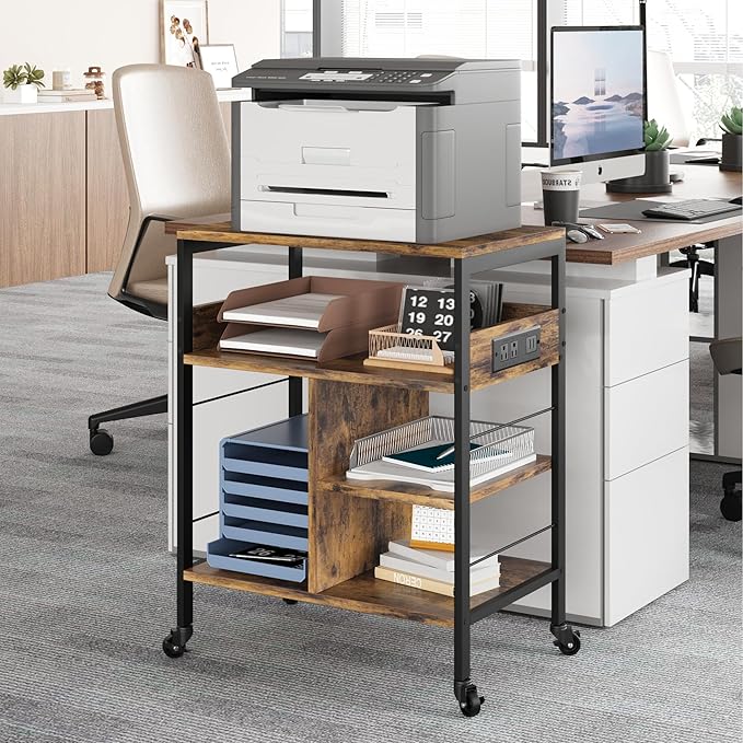 GarveeLife Printer Stand with Power Outlets, 4-Tier Rolling Printer Table with Lockable Wheels, Heavy Duty Printer Cart with Storage, Utility Storage Cart for Home, Office, Brown