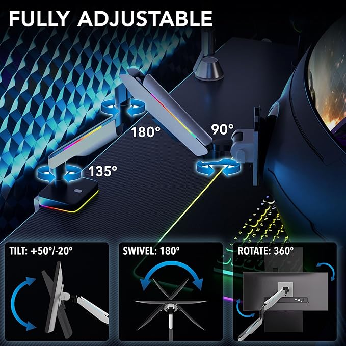 Mount-It! Heavy Duty Dual Monitor Arm up to 35 in. 44 lbs Screens, RGB Lights, 75x75 100x100 VESA Desk Mount for 2 Widescreen Curved Monitors 27 32 34 35 inches, Gas Spring, Clamp, Grommet, RGB Lights