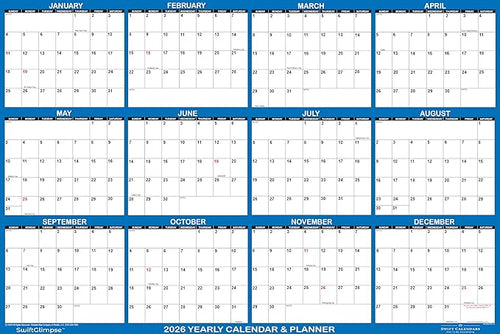 24" x 36" SwiftGlimpse 2026 Wall Calendar Erasable Large Wet & Dry Erase Laminated 12 Month Annual Yearly Wall Planner, Reversible, Horizontal/Vertical, Navy