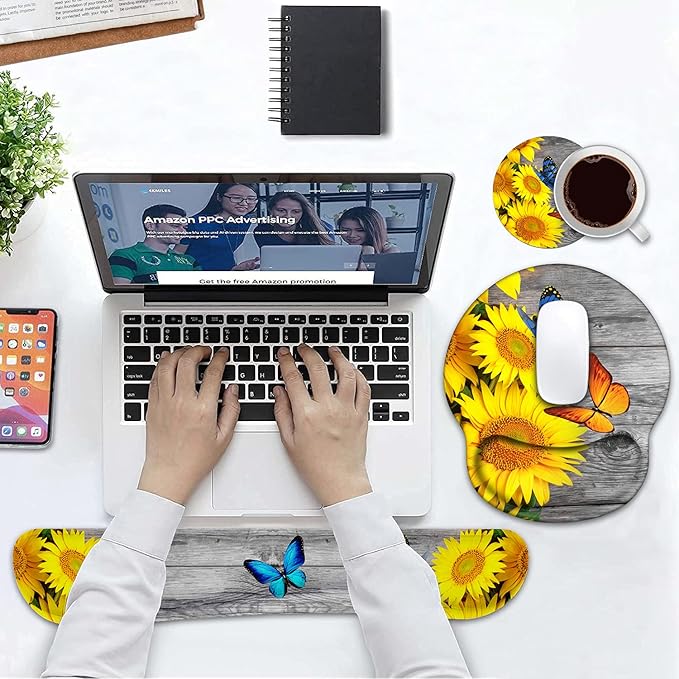 Keyboard Wrist Rest and Mouse Pad Wrist Support Set with Coasters, Non-Slip PU Base Ergonomic Gaming Mousepad for Home Office Working Studying Easy Typing & Pain Relief - Sunflower and Butterfly