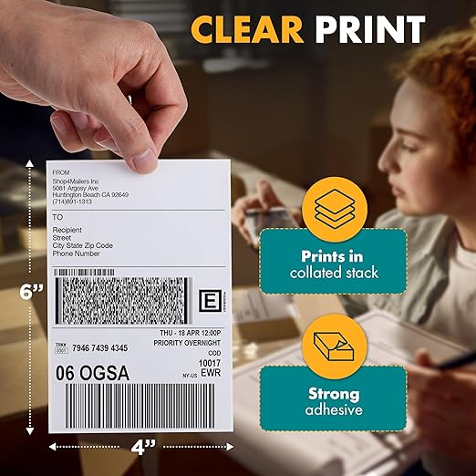 Shop4Mailers 4x6 Fanfold Direct Thermal White Adhesive Perforated Blank Address Shipping Labels for Packages, Compatible with Zebra & Rollo Printer (3000 Labels)