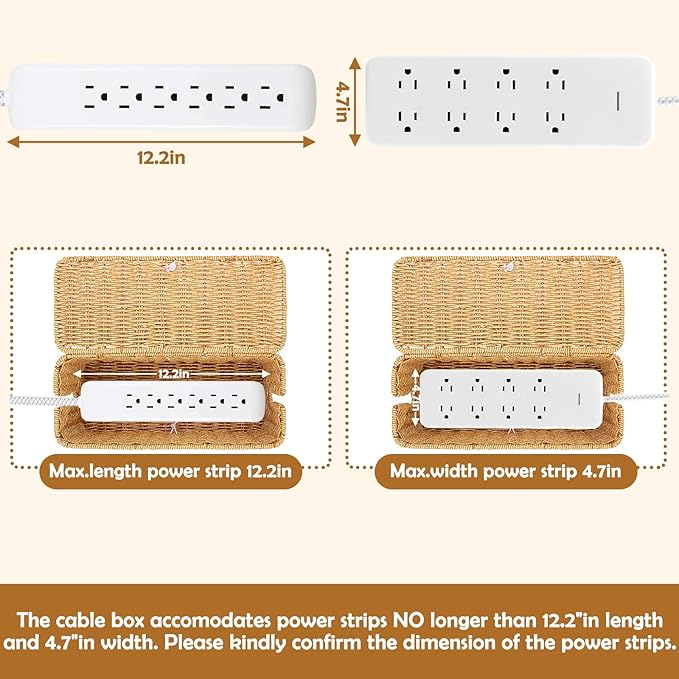 Cable Management Box, Handmade Imitation Rattan Cord Cable Organizer, Open Slots Cords Hider Box Cord Basket Under Desk Cord Organizer for Computer Router USB Hub & Power Strip