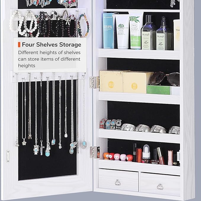 GISSAR Full Length Mirror Jewelry Cabinet, 6 LEDs Jewelry Armoire Wall Mounted Over The Door Hanging, Jewelry Organizer Storage with Lights Lockable White