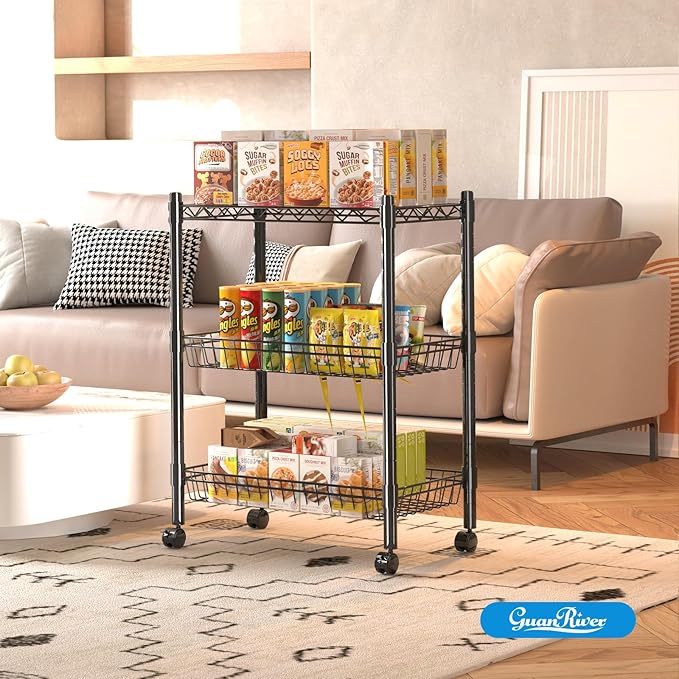 3 Tier Rolling Cart Service Cart Wire Basket Shelf Storage Trolley Shelf 2 Bottoms for Choose(Castor or Leveling Feet) for Office,Kitchen,Black(23.23" L x 13.11" W x 32.28" H)