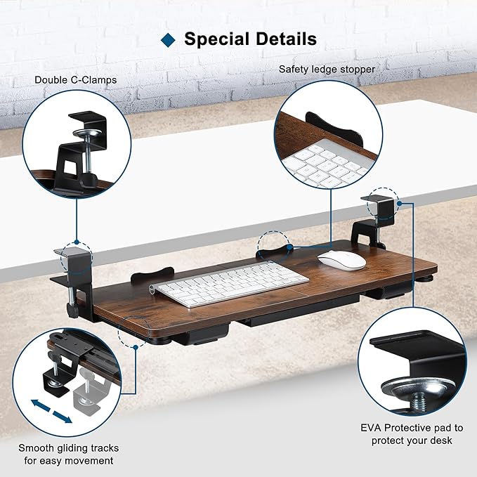 Keyboard Tray Under Desk with Drawer,26.77" X 11.81"Large Size Keyboard Tray with C Clamp-on Mount, Easy to Install, for Home Office (Mahogany)