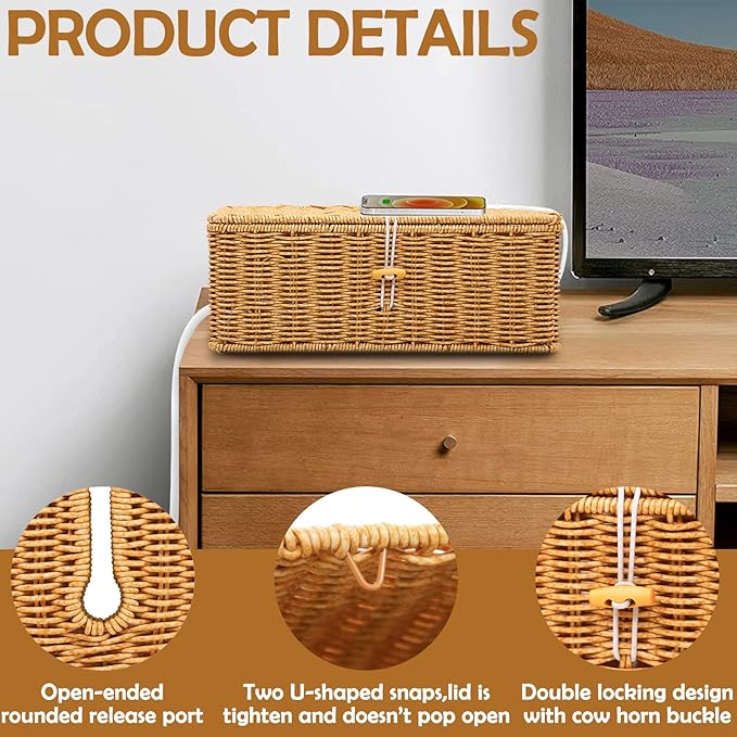 Cable Management Box, Handmade Imitation Rattan Cord Cable Organizer, Open Slots Cords Hider Box Cord Basket Under Desk Cord Organizer for Computer Router USB Hub & Power Strip