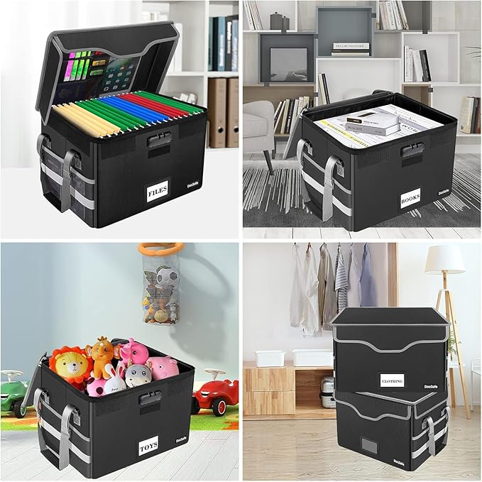 DocSafe Fireproof Document Box with Lock,File Storage Organizer with Pockets,Collapsible Portable File Box Home Office Safe Filing Cabinet with Handle for Hanging Letter/Legal Folders,Black,2 Pack