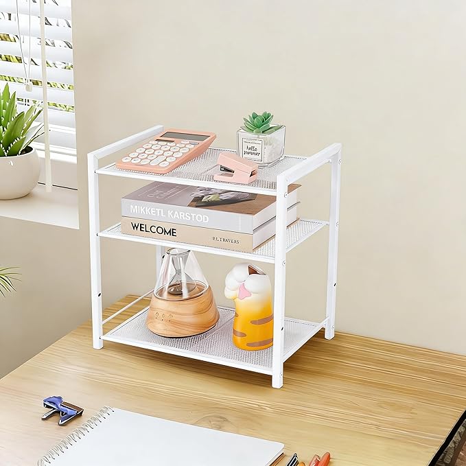 Desktop Shelf Organizer, 3-Tier Office Storage Rack, Adjustable Metal Bookshelf for Top of Desk, White Desk Organizer for Office, Home, Dorm and Small Spaces (White)