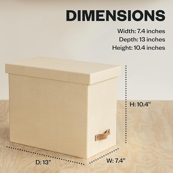 Bigso John File Box - File Storage Box and File Organizer for Important Paperwork - Durable Hanging File Box with Lid and Leather Handle - 7.36 in x 13.26 in x 10.51 in - Cream