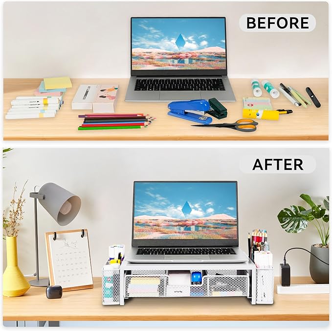 Computer Monitor Stand Riser with Drawer and Pen Holders, Desk Organizer Shelf and Accessories, Office Desk Accessories, Office Organization, White