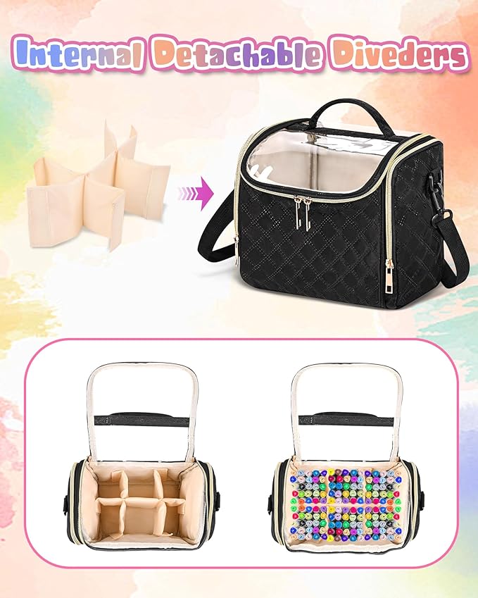 Marker Organizer Case for 72 Markers, Small Marker Storage Bag with Removable Divider & PVC Top, Portable Marker Pen Carrying Case with Handle & Shoulder Strap, Black
