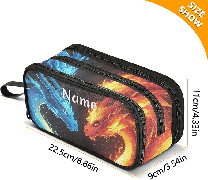Custom Dragons Red Blue Fire Eyes Pencil Case Box Boys Girls Personalized Name Large Pencil Pouch Stationery Pen Bag Organizer for Kids Adults School Office
