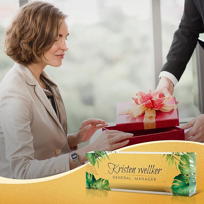 Desk Name Plate Personalized, Premium Clear Acrylic Desk Name Plate, Personalized Name Plate for Desk, Office Decor for Women or Men Coworkers, Boss, Employee, Teacher, Social Worker(Green Monstera)