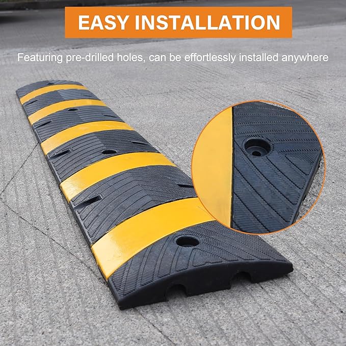 Orangestar 6Ft Rubber Speed Bump, 2 Channel Heavy Duty Speed Hump Cable Protector Ramp with 8 Bolts for Asphalt Concrete Driveway Gravel 72x11.8x1.8 inch(L x W x H) 1-Pack