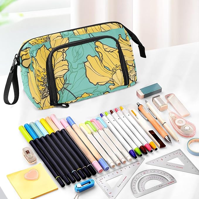 Bolaz Big Capacity Pencil Pen Case Pouch Bag School College Office Organizer for Teens Girls Adults Student-Yellow Flower Pattern