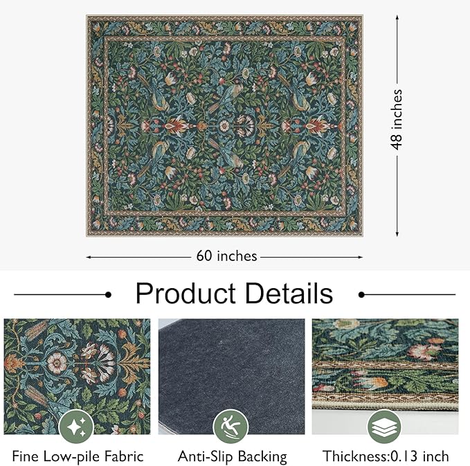 Anidaroel 48"x60" Office Chair Mat for Hardwood Floor, Anti-Slip Floor Mat for Office Chair, Vintage Floral Bird Desk Floor Mat, Low Plie Office Rugs for Rolling Chairs, Navy Blue