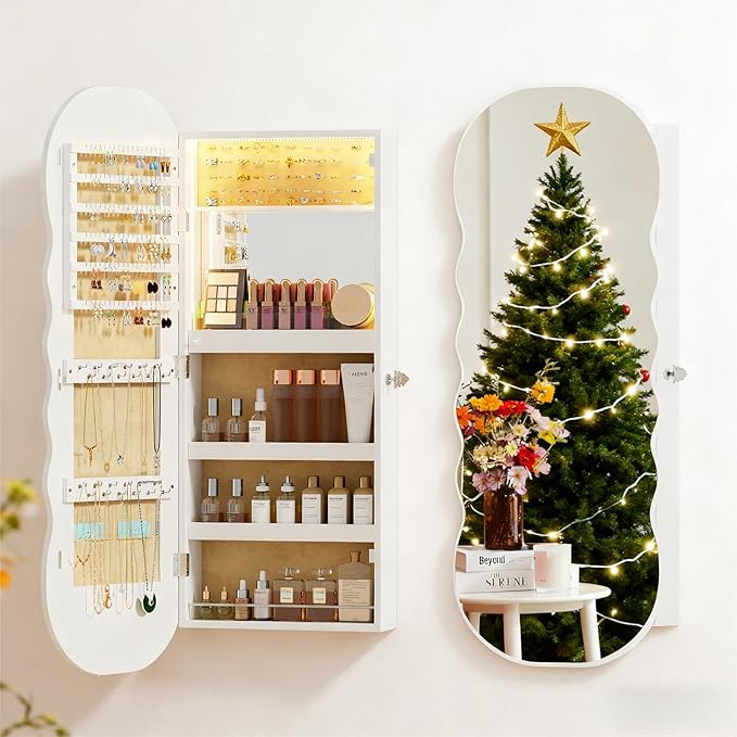 Lvifur Jewelry Armoires with LED Lights, Hanging Jewelry Storage Cabinet Lockable Wavy Mirror Jewelry Organizer, Lockable Frameless Mirror with Storage, LED Jewelry Cabinet Wall/Door Mounted(White)