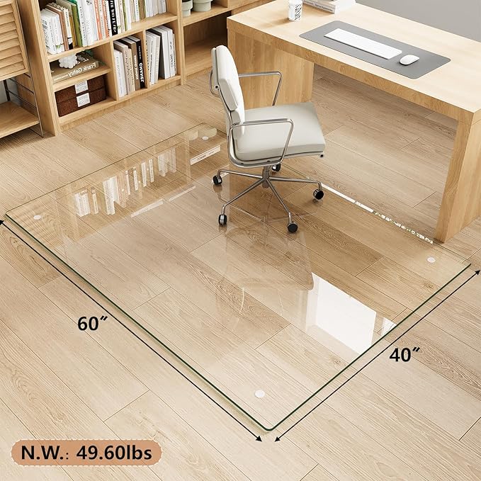 Tempered Glass Chair Mat for Carpet & Hard Floor, 40"x60" Office Chair Mat - Heavy Duty & Scratch Resistant, Non-Slip Pads, Rounded Corners & Polished Edges