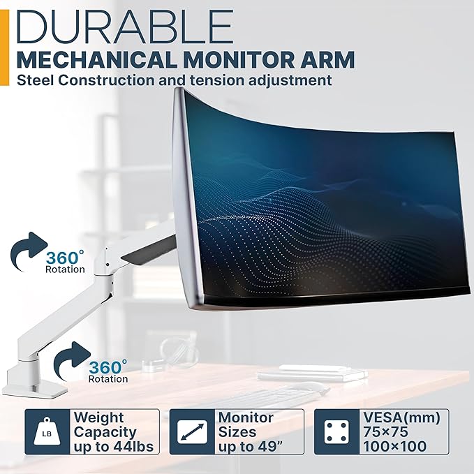 Premium Height Adjustable Single Monitor Arm Stand: Desk/Grommet Mount, Gas Spring Lift, VESA 75x75 or 100x100mm, Flat Curved Ultrawide Computer Screens up to 49in and 44lbs, Silver