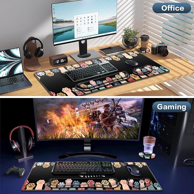 Desk Mat, Large Gaming Mouse Pad with Wrist Rest, 4in1 XXL Mousepad+Keyboard Wrist Rest+Mouse Pad Wrist Support+Cup Coaster Set Ergonomic Computer Desk Arm Wrist for Decor Home Office Table Women
