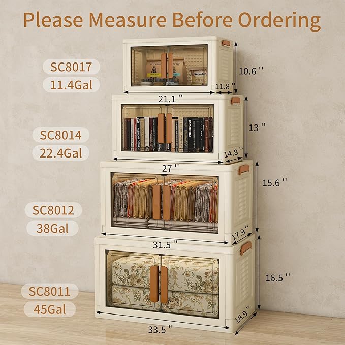 Plastic Stackable Storage Bins with Lids and Wheels, 720QT-180QT*4Tier Foldable Closet Organizers and Containers, Collapsible Clear Drawer Storage Cabinet with Doors Ivory White