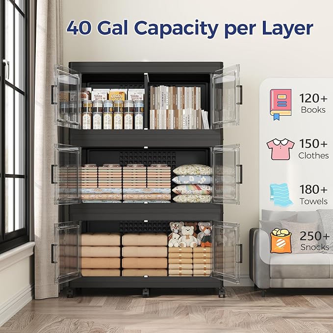 120GAL Storage Bins with Lid and Wheels, Stackable Closet Organizers and Storage Drawer, Collapsible Storage Box with Dividers, Foldable Plastic Cabinets for Room, Kitchen, 3 Pack Black