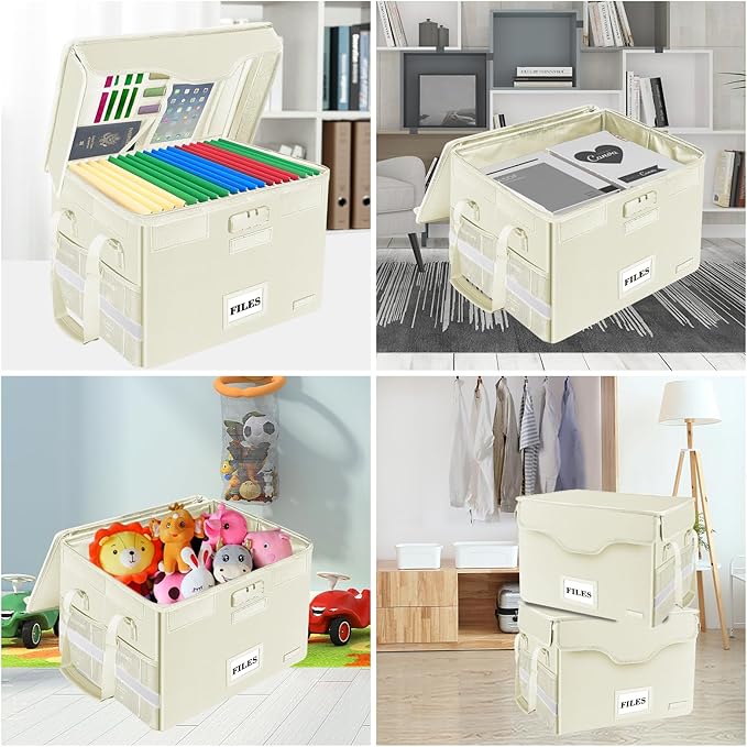 DocSafe Fireproof Document Box with Lock,File Storage Organizer with Zipper Pockets,Collapsible Portable File Box Home Office Safe Filing Cabinet with Handle for Hanging Letter/Legal Folders,Beige