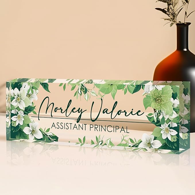 Custom Name Plate for Desk | Personalized Desk Name Plate | Personalized Boss Employee Appreciation Gifts | Acrylic Name Plate Office Desk Accessories (B-Green Flower)