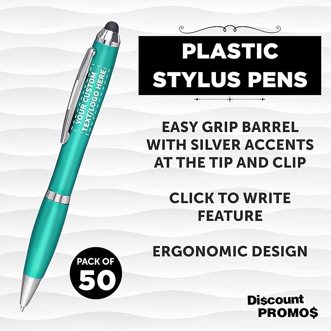 DISCOUNT PROMOS Custom Plastic Stylus Pens Set of 50, Personalized Bulk Pack - Black Ink, Great for Office, School, Business, Tradeshows, Events - Teal