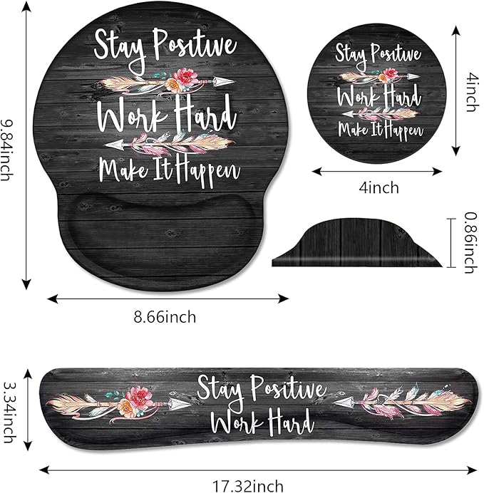 Keyboard Wrist Rest and Mouse Pad Wrist Support Set with Coasters, Stay Positive Work Hard and Make It Happen Inspirational Quote Wrist Mouse Pad with Non-Slip PU Base for Computer Laptop Home Office