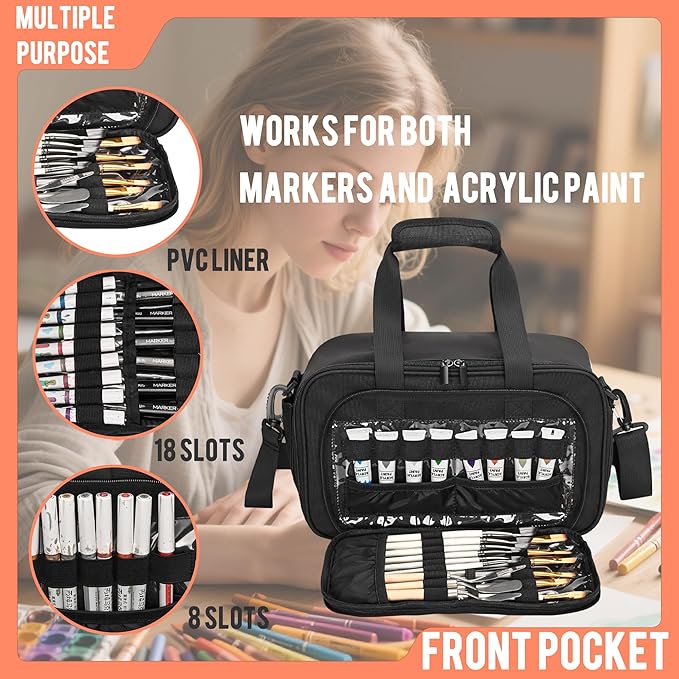 Marker Organizer Case with Shoulder Strap for 180-300 Markers, Large Marker Organizer Bag with Detachable Divider for Adults, Marker Travel Holder Case Bag for Various Markers, Black