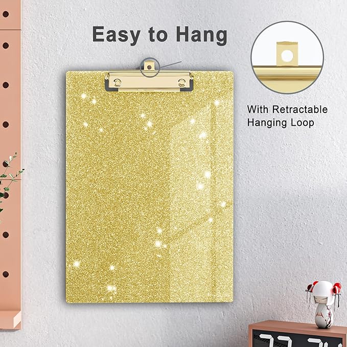 Glitter Acrylic Clipboard Decorative Standard A4 Letter Size 12.2" x 8.7", Fashion Bling Clip Boards with Designed Low Profile Gold Clip for Classroom Office - Gold
