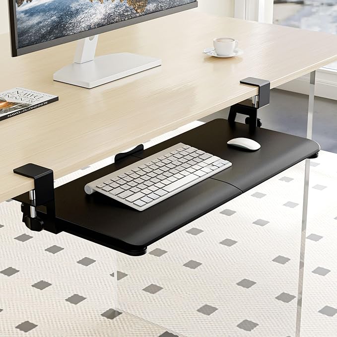ERGOMAKER Keyboard Tray Under Desk, Pull Out Keyboard Tray with C Clamp Mount, 25.6" (29.7" Including Clamps) x 11.8" Slide-Out Platform Computer Drawer for Typing, Keyboard & Mouse Tray, Black
