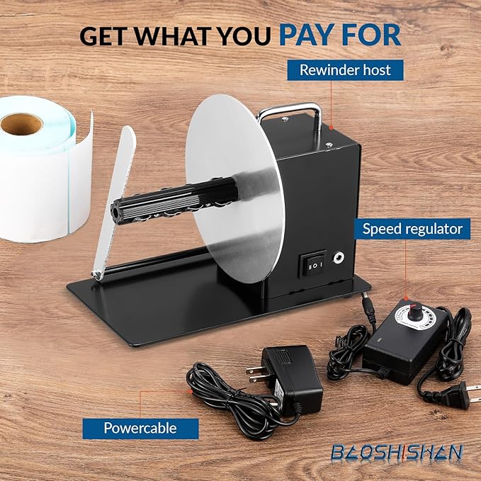 BAOSHISHAN Automatic Label Rewinder Machine Label Width 5.5inch/140mm Core Holder 1/1.5/3inch 100-240V (with Regulator and Baffle)