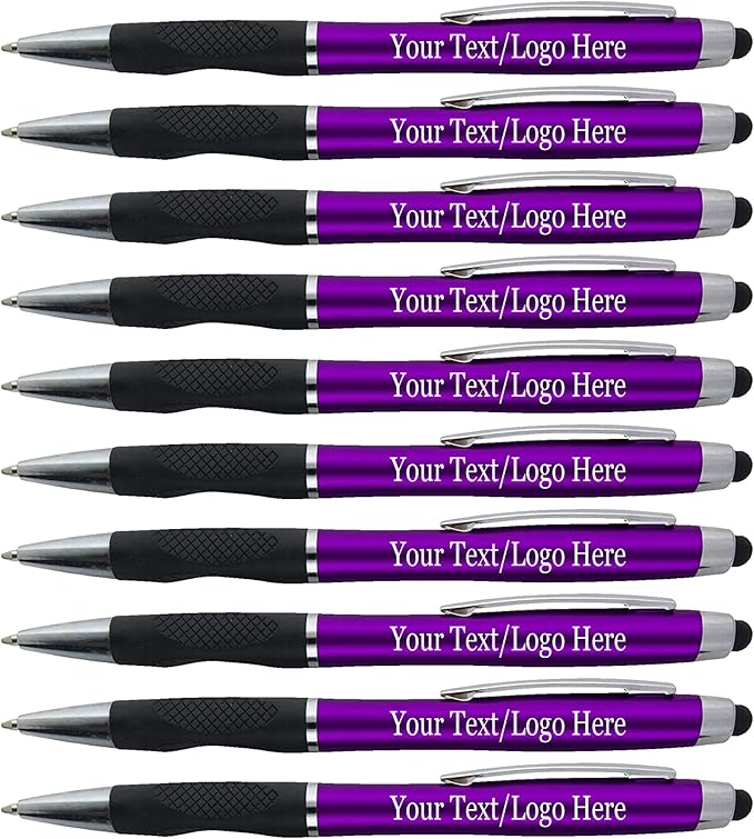 Personalized Stylus Pens With your Custom Logo or Text-300 Pack Bulk-for Businesses, Parties, and Events, 2 in 1 Ballpoint Pen + Capacitive Stylus for Touchscreen Devices, Purple Barrel, Blue Ink