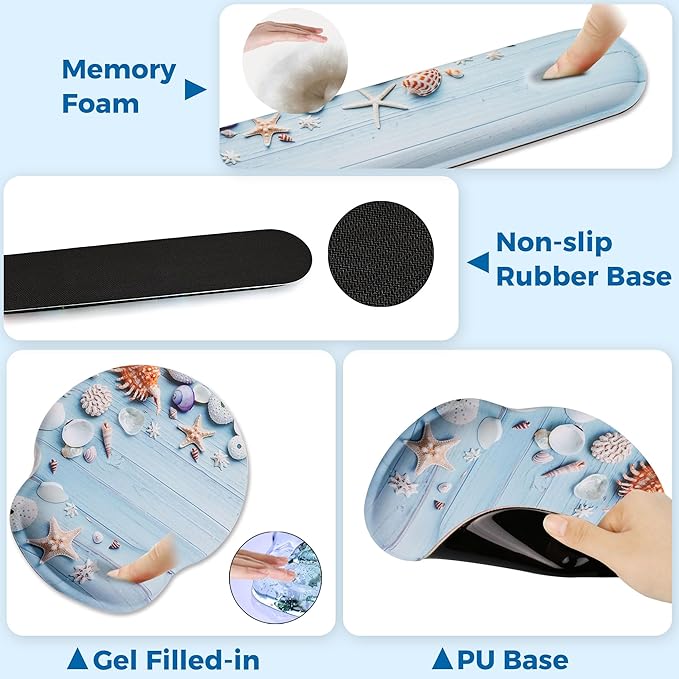 Mouse Pad and Keyboard Wrist Rest Support, with Non-Slip PU Base,Gel Mouse Pad with Coaster,Pain Relief for Gaming, Computer,Office -Seashell